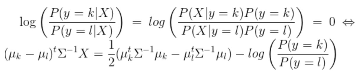 \log\left(\frac{P(y=k|X)}{P(y=l | X)}\right) = 0 \Leftrightarrow (\mu_k-\mu_l)\Sigma^{-1} X = \frac{1}{2} (\mu_k^t \Sigma^{-1} \mu_k - \mu_l^t \Sigma^{-1} \mu_l)
